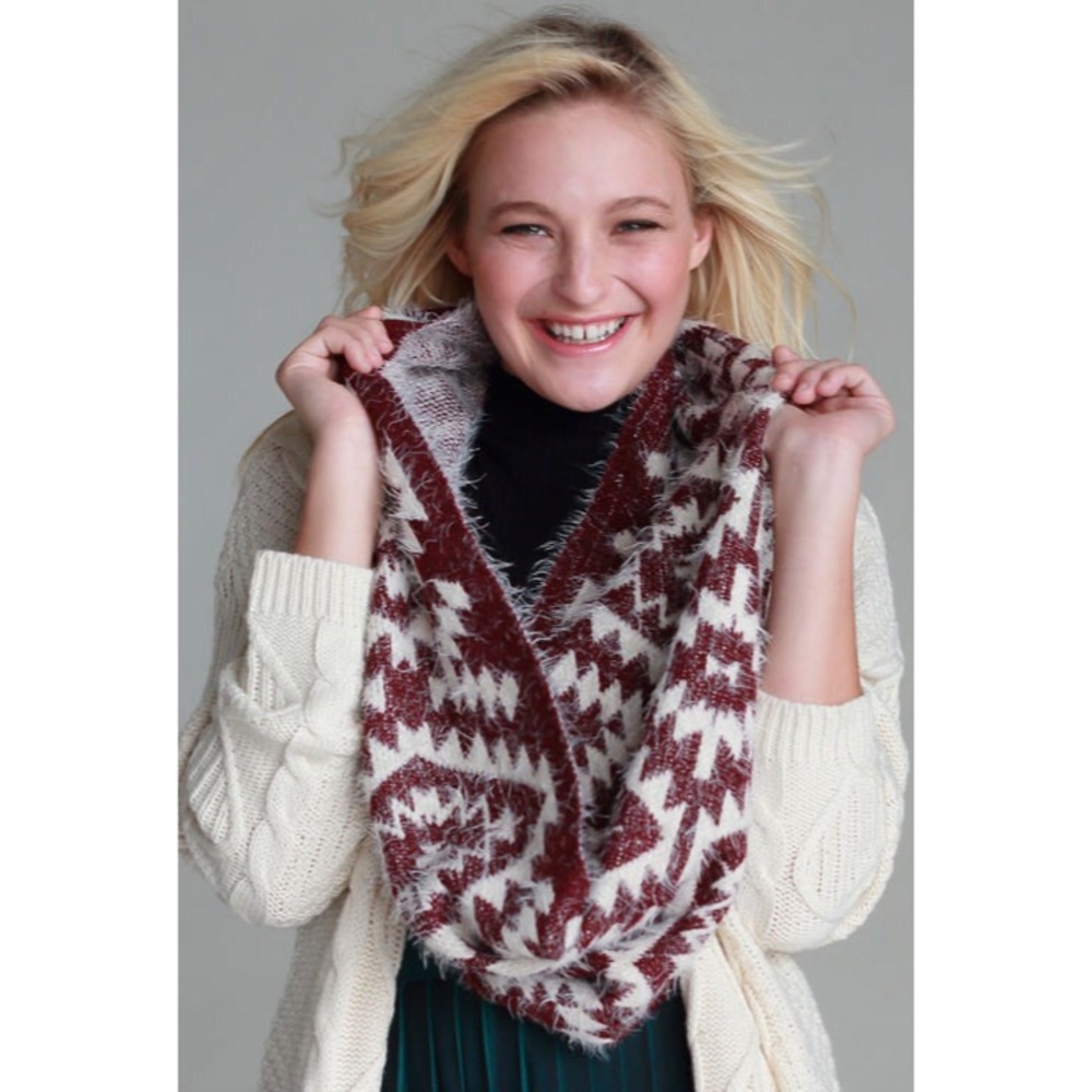 Navajo Pattern Fuzzy Scarf in Burgundy